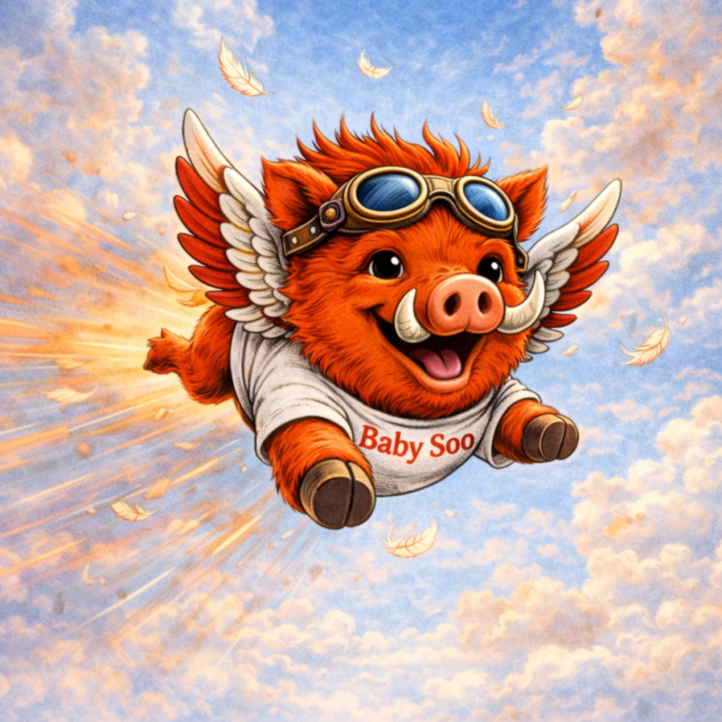 Baby Soo flying razorback piglet from Aero Pigs and CurioCity Arts